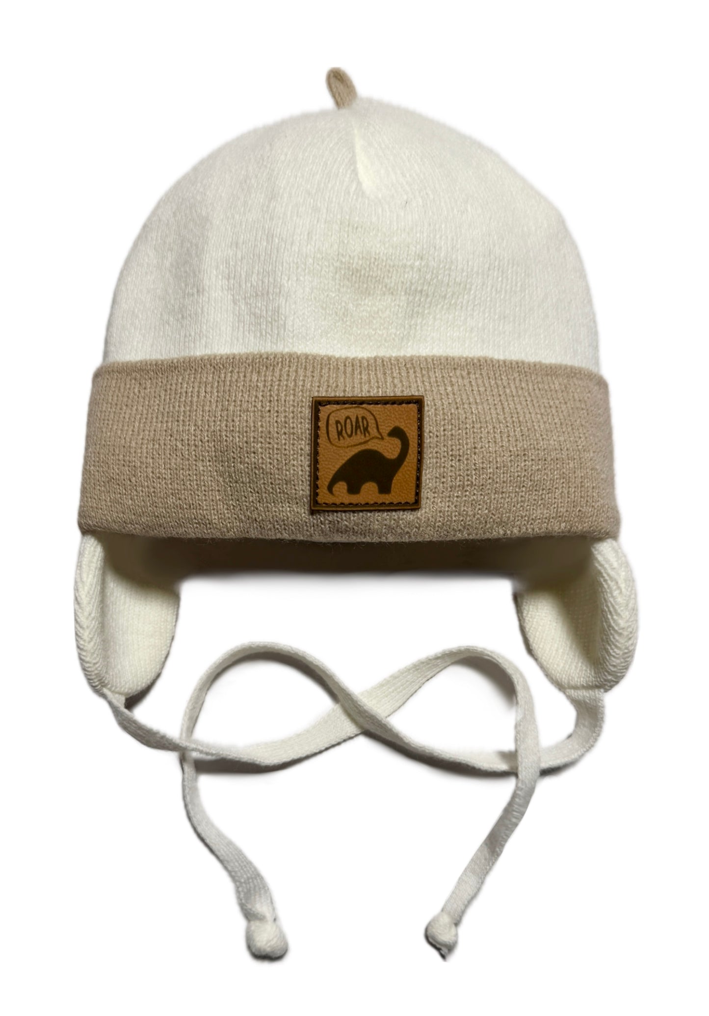 BABY ROAR - Ekrü-Bézs Kötős Dínó Mintás Fiú Kötött Sapka