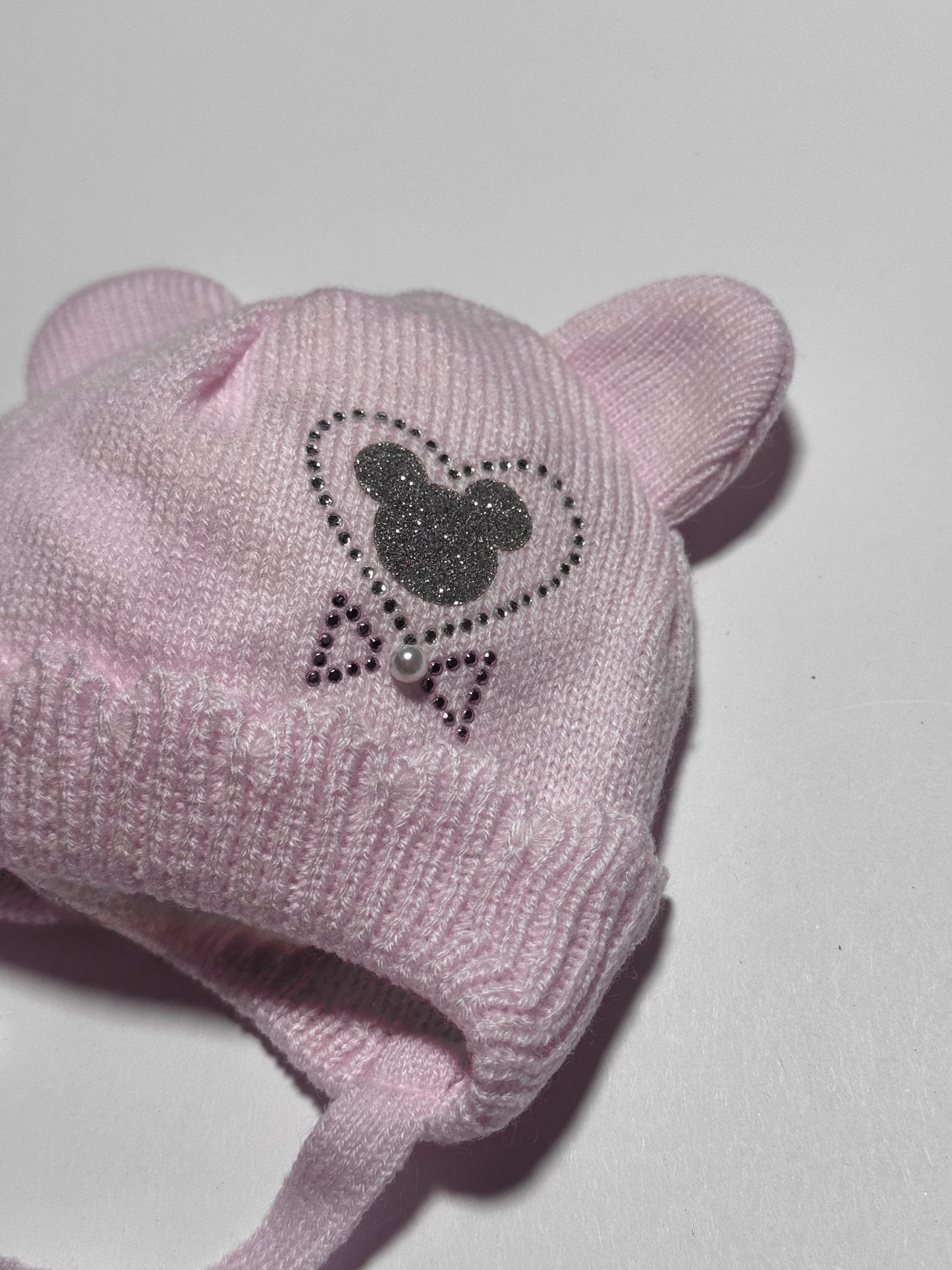 MINNIE LOVE - Halványrózsaszín Kötős Strasszos Egér Mintás Kötött Lány Sapka