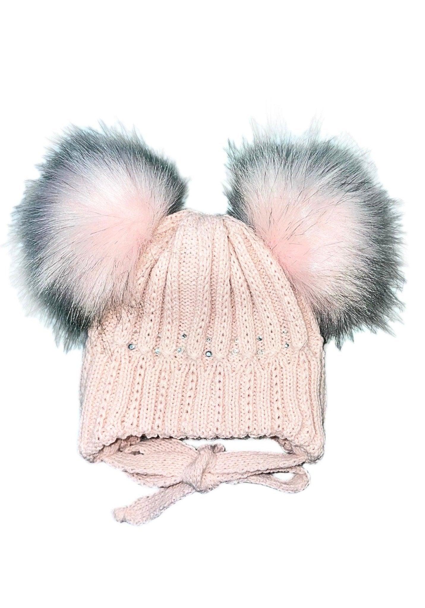 SNOW BUNNY - Halványrózsaszín Dupla Pomponos Kötős Strasszköves Kötött Újszülött Lány Téli Sapka - Lány Sapka - Minimanó