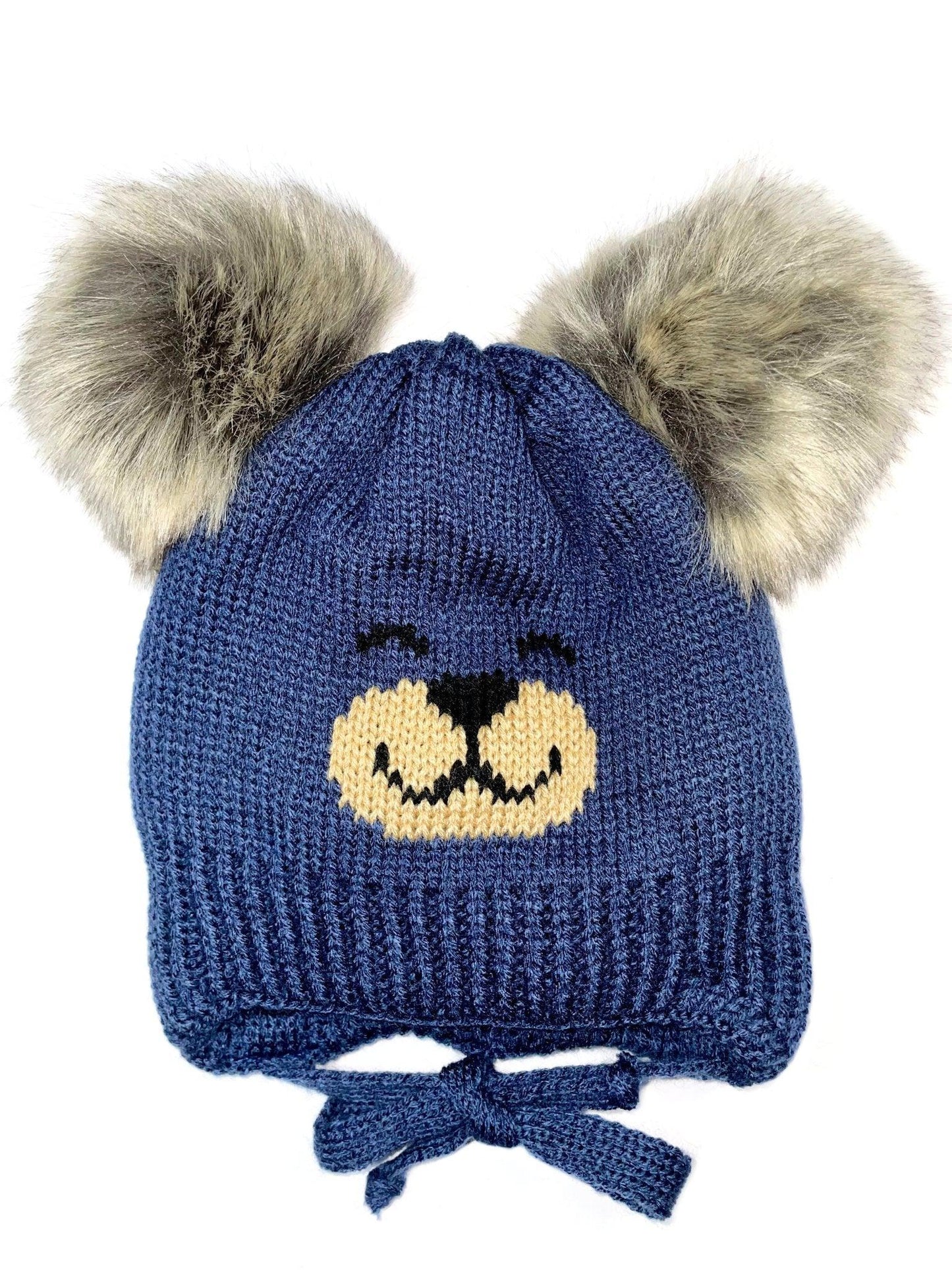TEDDY - Sötétkék Kötős Duplapomponos Macis Kötött Fiú Téli Gyereksapka - Fiú Sapka - Minimanó