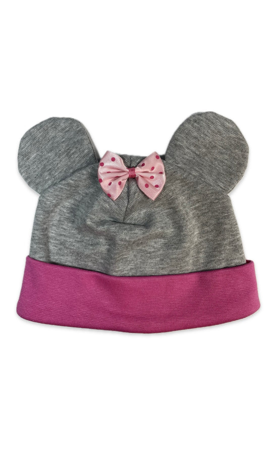 MINI BOW - Egérfüles Masnis Szürke Pink Pamut Lány Beanie Sapka