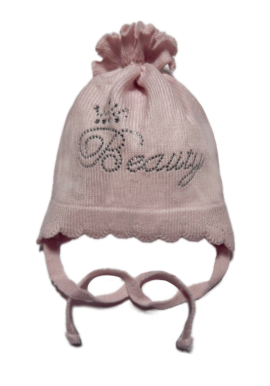 BEAUTY - Rózsaszín Kötős Strasszos Kötött Lány Sapka