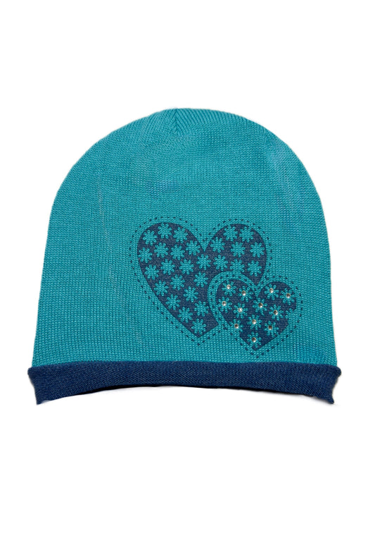 HEARTS OF BLUE - Türkizkék Szív Mintás Kötött Lány Beanie Sapka