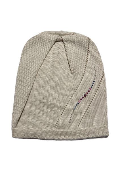 LEAF - Bézs Strasszos Kötött Lány Beanie Sapka