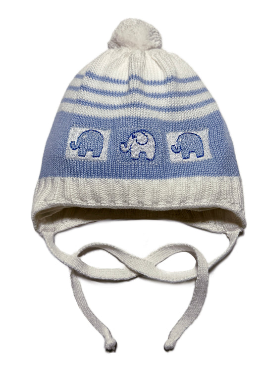 ELEPHANT BABY - Kék-Fehér Kötős Elefánt Mintás Kötött Fiú Sapka