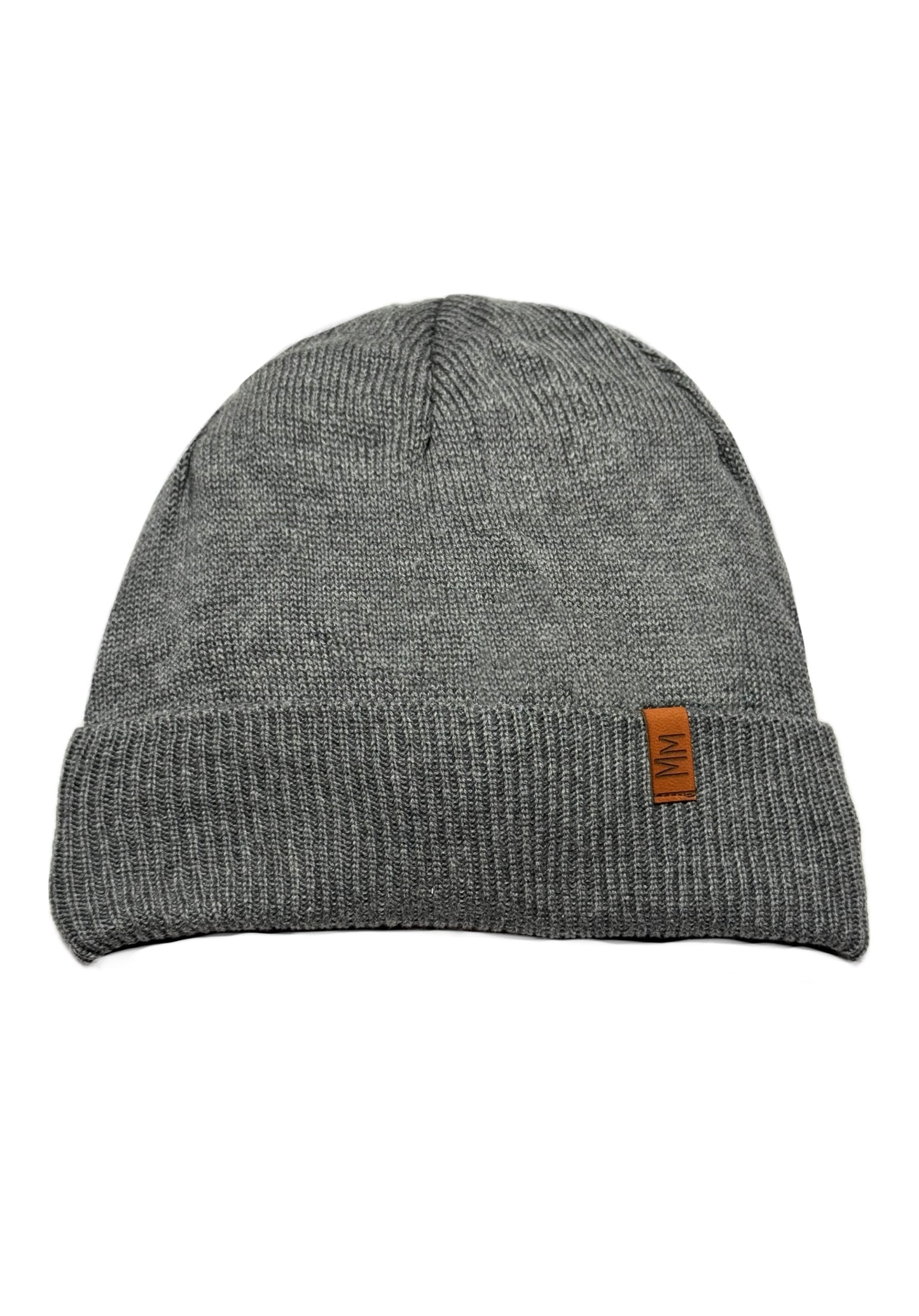 MM - Szürke Bőrdíszes Fiú Kötött Beanie Sapka