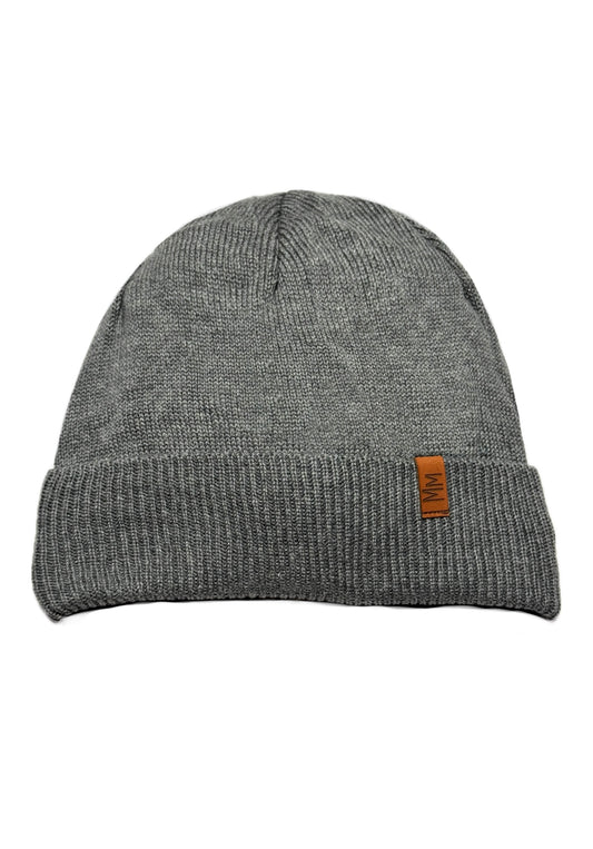 MM - Szürke Bőrdíszes Fiú Kötött Beanie Sapka