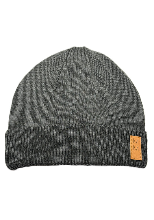 MM - Szürke Bőrdíszes Fiú Kötött Beanie Sapka