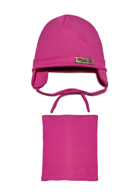 MINIX CLASSIC BABY SET - Pink Kötős Pamut Lány Sapka és Csősál Szett
