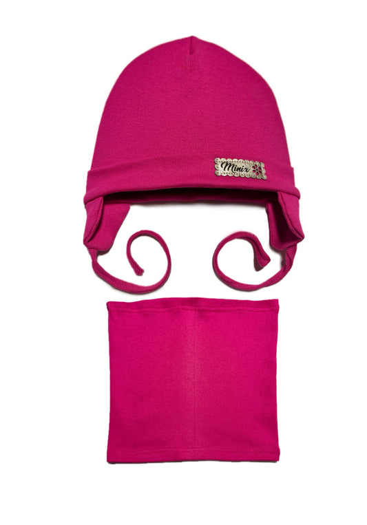 MINIX CLASSIC BABY SET - Fuxia Kötős Pamut Lány Sapka és Csősál Szett