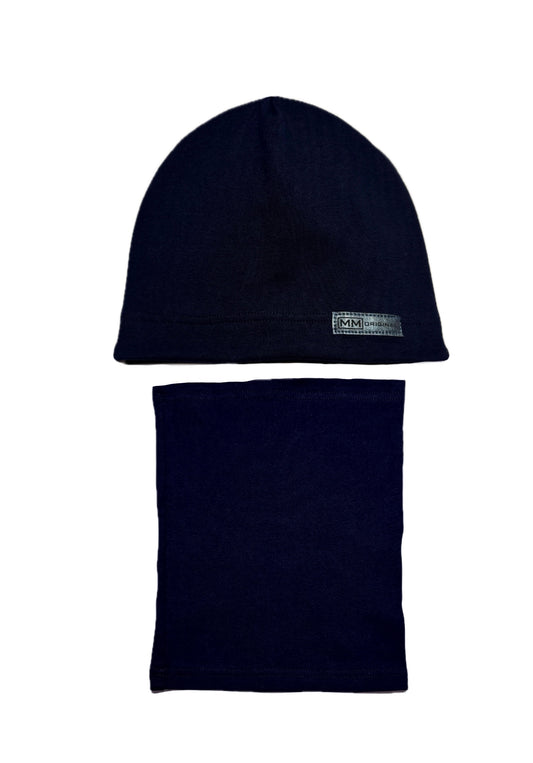 MM ORIGINAL SET - Sötétkék Pamut Fiú Beanie Sapka és Csősál Szett