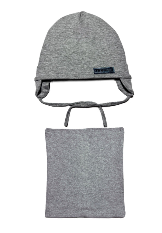 MM ORIGINAL BABY SET - Világosszürke Kötős Pamut Fiú Sapka és Csősál Szett