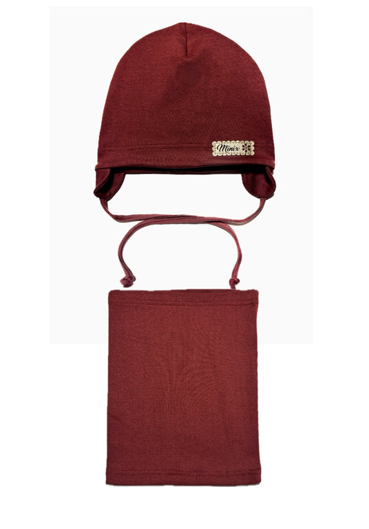 MINIX CLASSIC BABY SET - Burgundi Kötős Pamut Lány Sapka és Csősál Szett