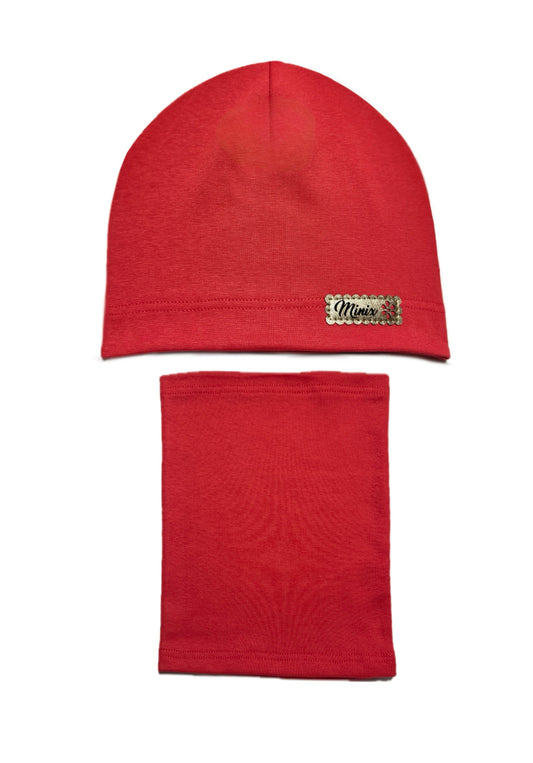 MINIX CLASSIC SET - Piros Pamut Lány Beanie Sapka és Csősál Szett