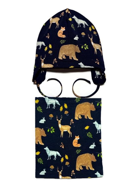 WILDERNESS BABY SET - Állat Mintás Kötős Pamut Fiú Sapka és Csősál Szett