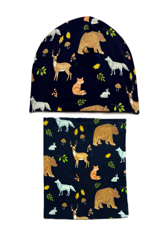 WILDERNESS SET - Állat Mintás Pamut Fiú Beanie Sapka és Csősál Szett