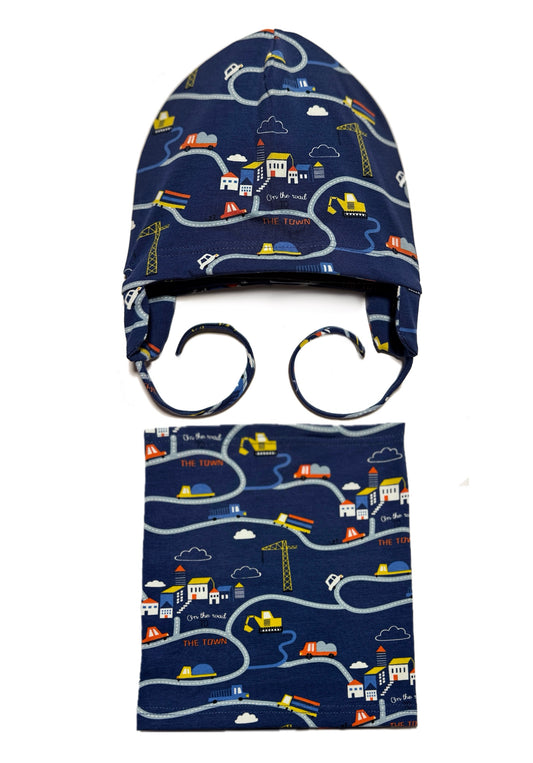 CONSTRUCTION CUTIE BABY SET - Építkezés Mintás Kötős Pamut Fiú Sapka és Csősál Szett