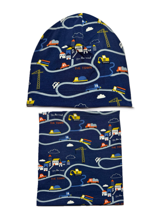 CONSTRUCTION CUTIE SET - Építkezés Mintás Pamut Fiú Beanie Sapka és Csősál Szett
